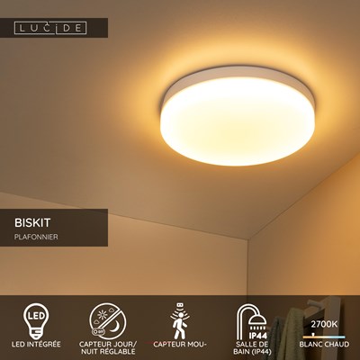 Lucide BISKIT - Plafonnier Salle de bains - Ø 40 cm - LED - 1x36W 2700K - IP44 - Détecteur De Mouvement - Blanc
